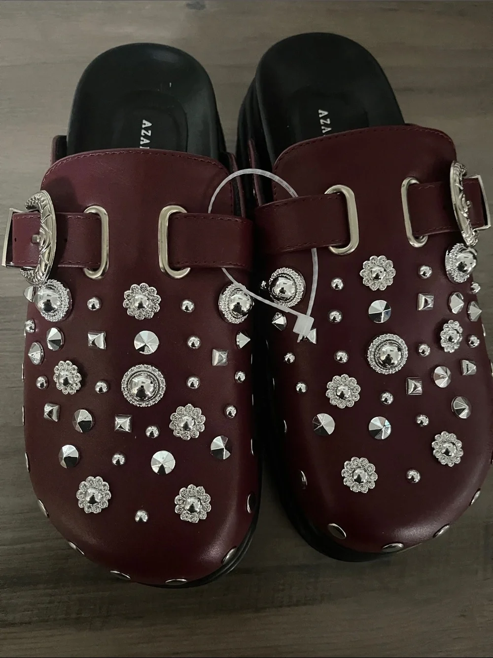 Embellished Burgundy Slip-On Clogs with Buckle Detail - Picture 1 of 3